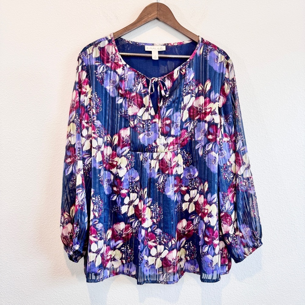 Emaline Modest Floral Peasant Blouse Sheer Lurex Blue Pink 1X Plus Size Top EUC